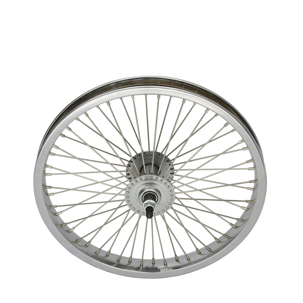 16 Inch X 32mm Steel Front Wheel 52 Spoke 14G Chrome 3/8 Axle Single Wall Chrome.